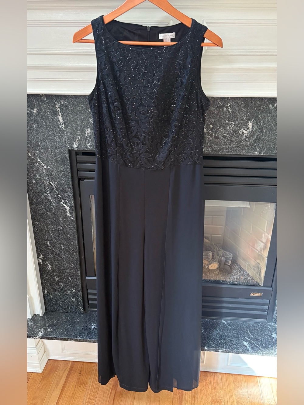 London Times Black Wide-Leg Jumpsuit with Beaded Bodice